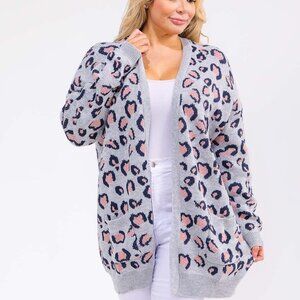B26 PLUS SIZE OPEN FRONT POCKETS ANIMAL PRINT CARDIGAN SWEATER GRAY NEW